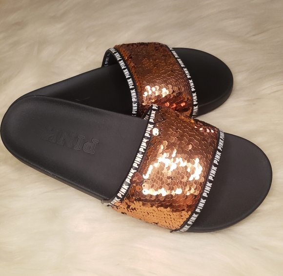 💞PINK Victoria’s Secret Rose Gold Bling Sequins Slides LARGE - Picture 2 of 8